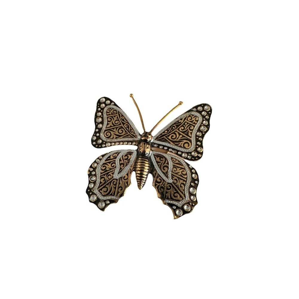 Damascene Butterfly Pin Brooch White Black Gold Spain Spanish Vintage